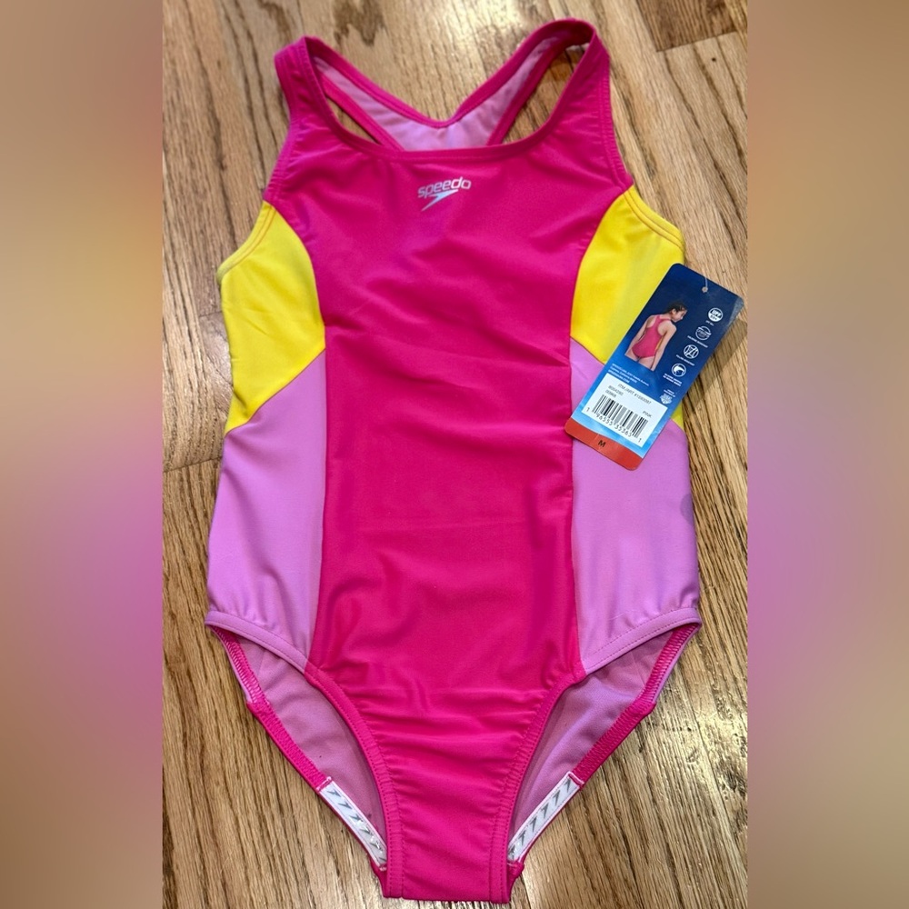 Girls Speedo Pink and Yellow One Piece Racerback Swimsuit NWT